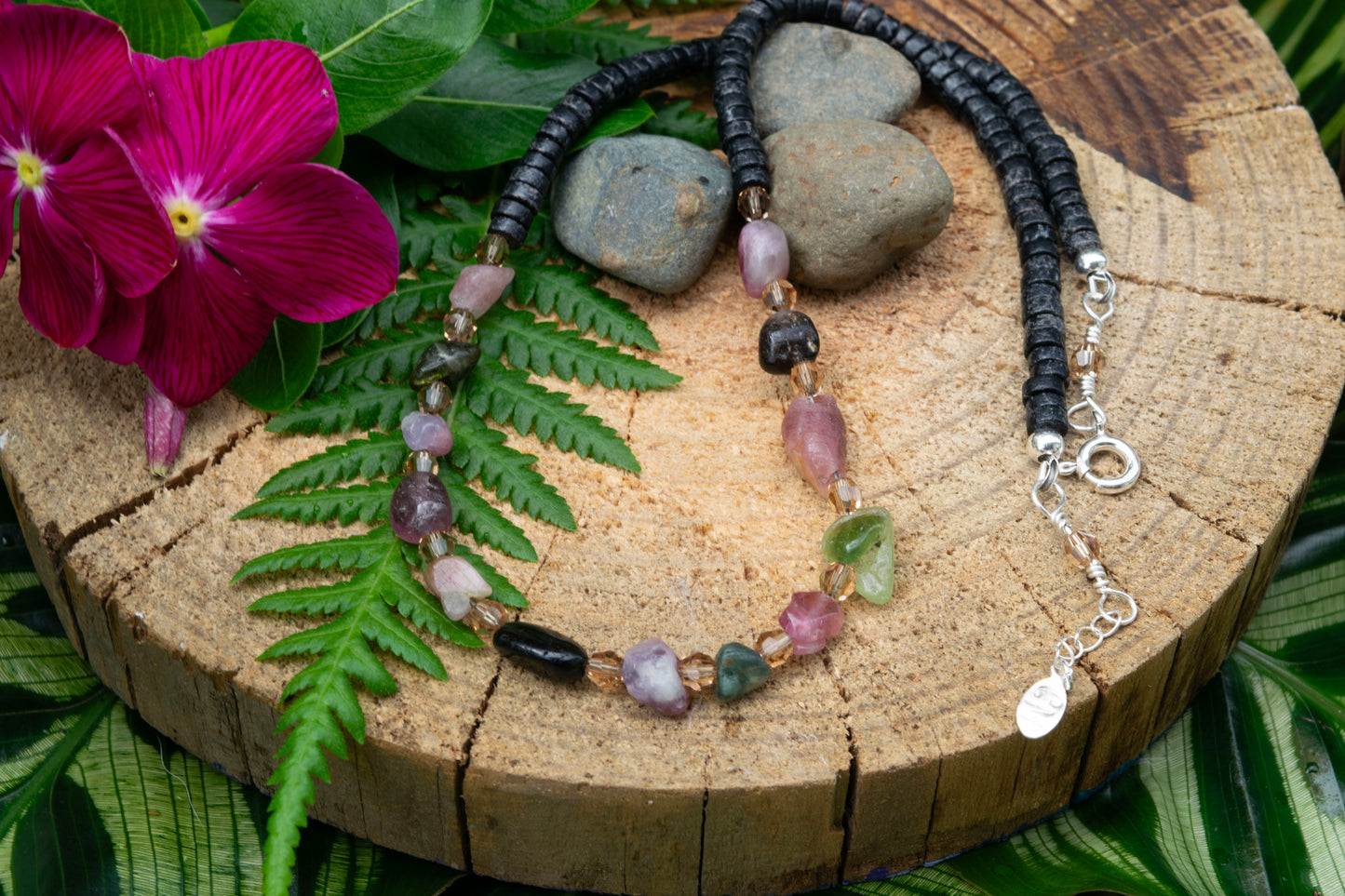 Tourmaline, Swarovski and Black jasper necklace
