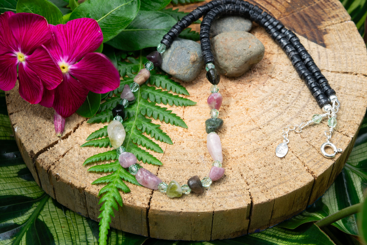 Tourmaline, Swarovski and black jasper necklace