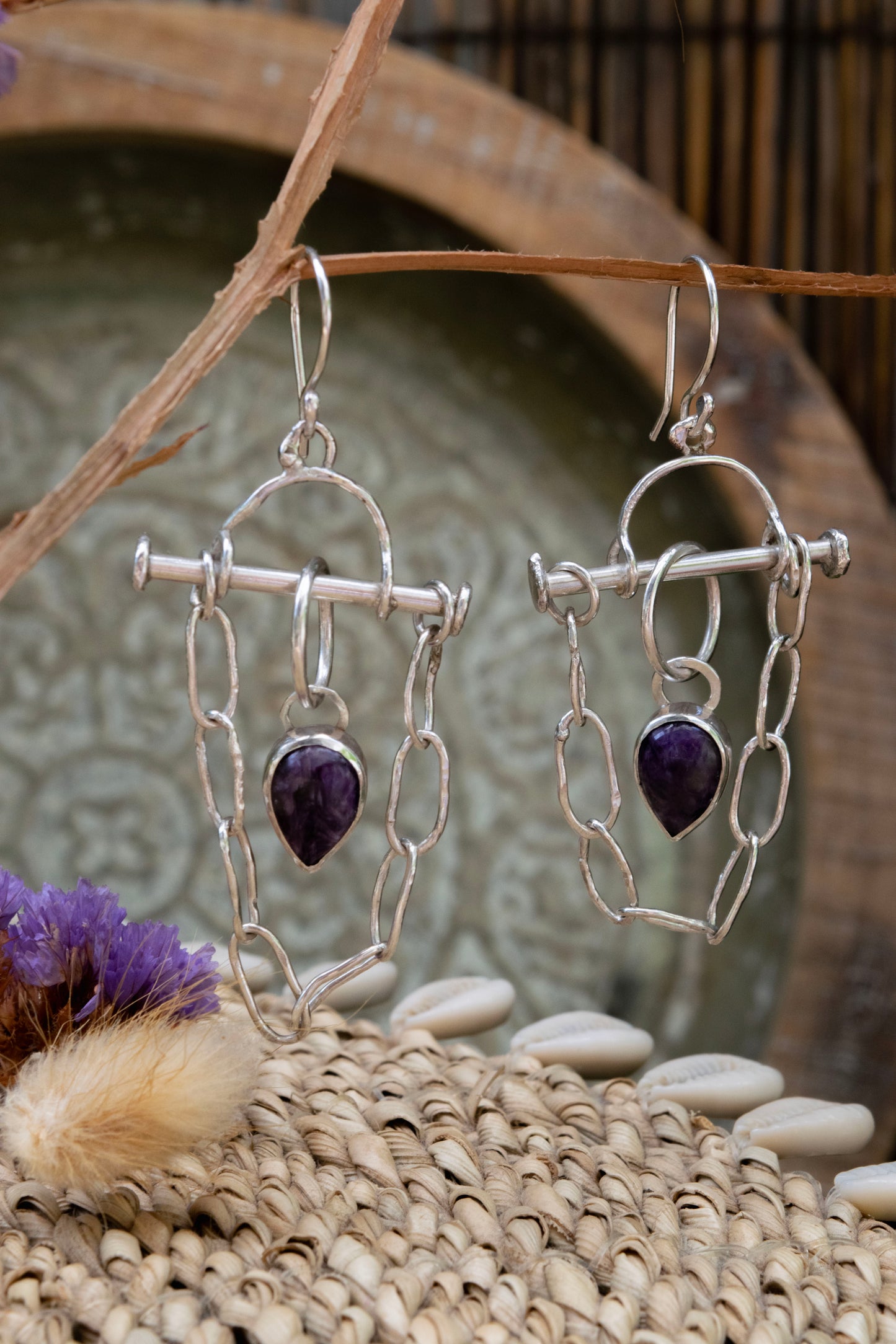 Purple charoite Sterling silver tribal hooks