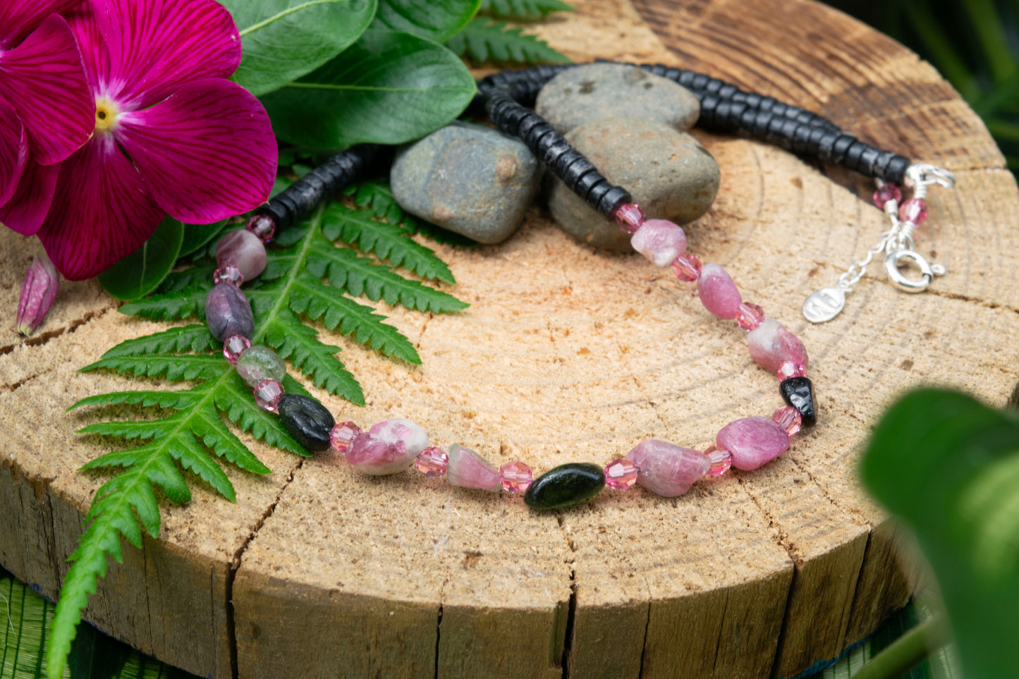 Tourmaline crystal, swarovski crystal and black jasper necklace
